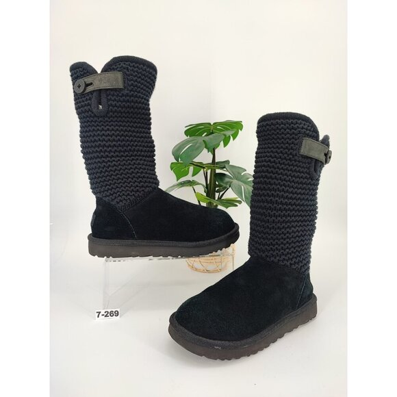 UGG Women's Australia Shaina Black Suede/Knit Boots Size 7 US - Picture 1 of 8